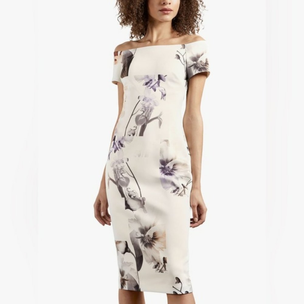 Ted Baker Sadie White Floral Off Shoulder Midi Pencil Dress NWT size 1 XS S